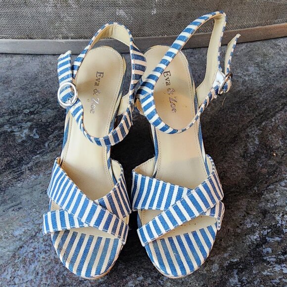 Eva & Zoe Blue/White Striped Sexy 1940s Cork Wedge Sandals Size 8 - Picture 6 of 16